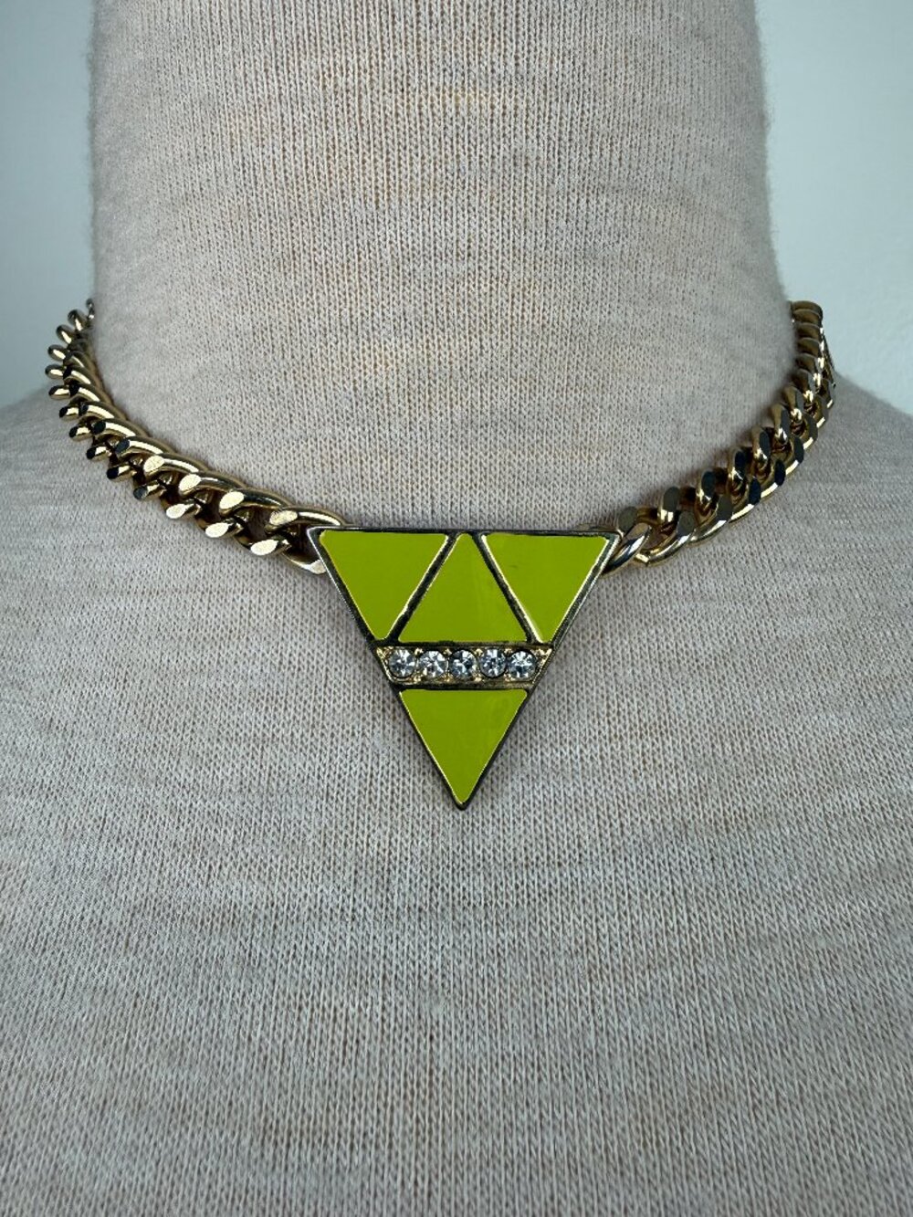Thick Gold Tone Chain w/ Lime Green Enamel Triangle Rhinestone Pendant 17"